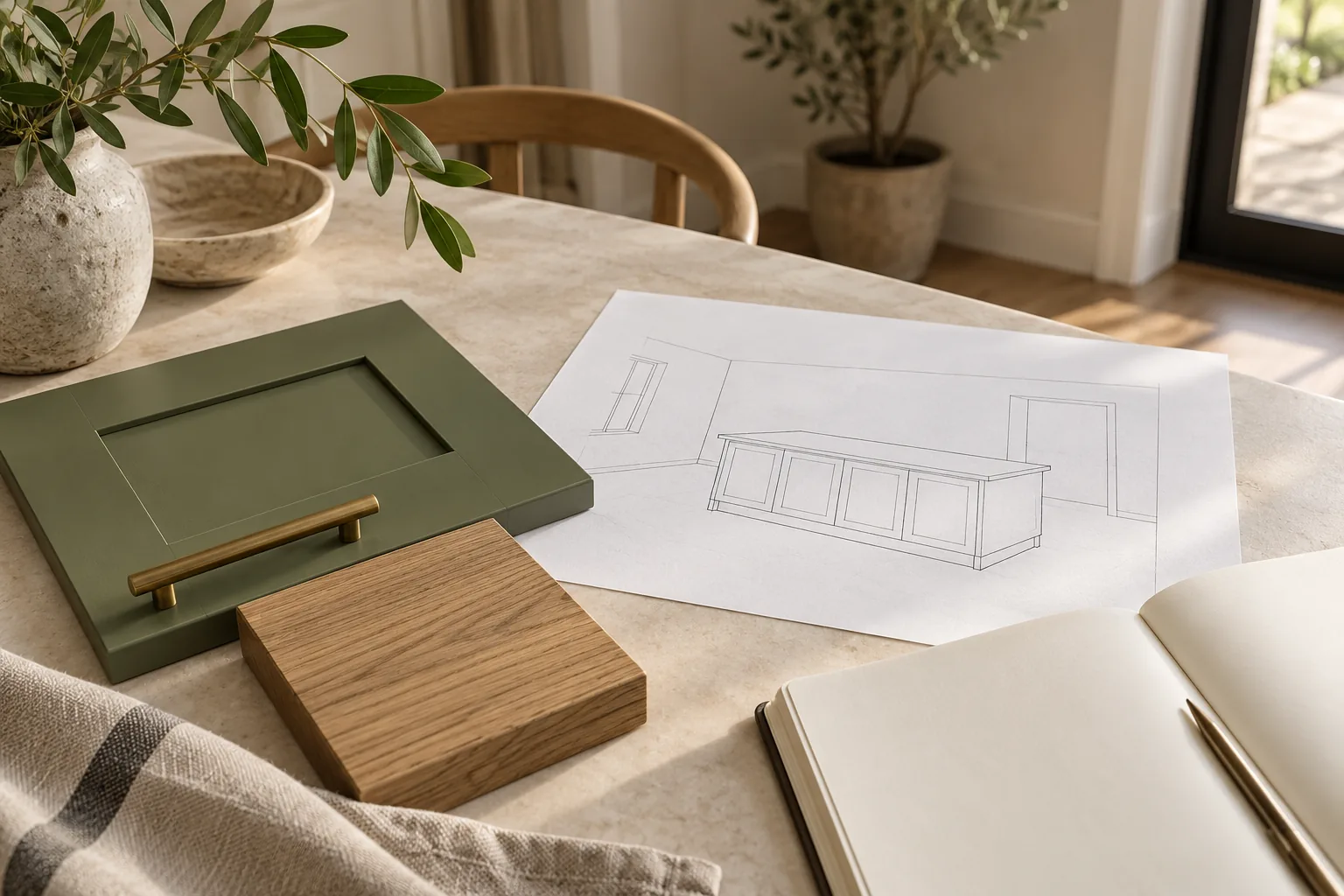 Moss-green cabinet door sample, oak panel and island sketch beside a blank notebook