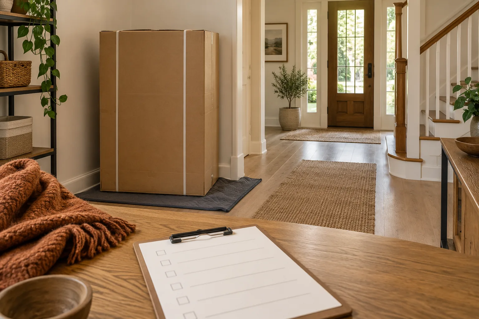 Tall plain carton on a protective blanket beside a clear entrance and staircase